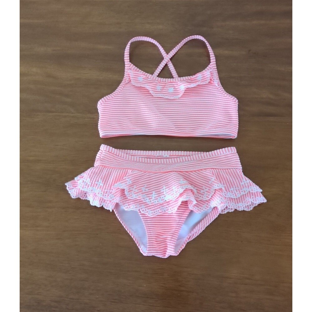 Mini Boden girls' two-piece striped bikini swimsuit / ruffle detailing size 6/7